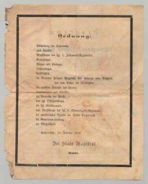 Programm für das Leichenbegängniß Richard Wagner's. Bayreuth, 18. Februar 1883. Rückseite "Ordnung" mit Abfolge des Geleits. Druck; 28 x 22,5 cm. Dresden: SLUB Mscr.Dresd.App.Schuch(I)