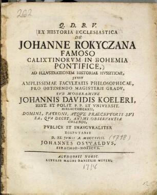 Ex historia ecclesiastica de Johanne Rikyczana famoso Calixtinorum in Bohemia pontifice