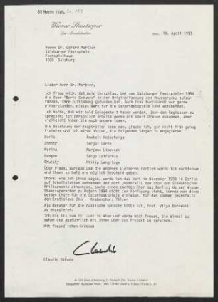 Brief an Gerard Mortier an Salzburger Festspiele, 18.04.1991