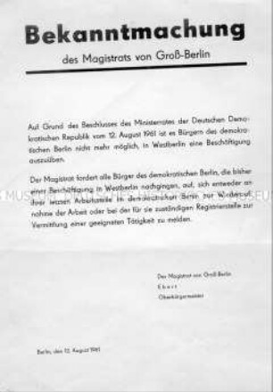Bekanntmachung des Magistrats für die Bürger von Berlin (DDR), dass sie nicht mehr in Westberlin arbeiten dürfen