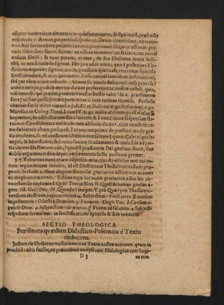 Sectio Theologica. Porismata quaedam Didactico-Polemica è Textu decucens.