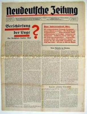 Völkische Wochenzeitung "Neudeutsche Zeitung" u.a. über die Beziehungen zwischen Großbritannien und Italien