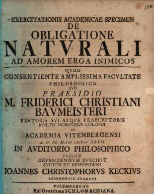Exercitationis acad. specimen de obligatione naturali ad amorem erga inimicos