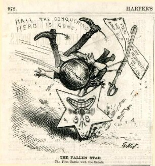 The fallen star. The First Battle with the Senate : ein Offizier, der als Stern dargestellt ist, wird durch eine Kanonenkugel umgeworfen