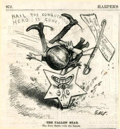 The fallen star. The First Battle with the Senate : ein Offizier, der als Stern dargestellt ist, wird durch eine Kanonenkugel umgeworfen