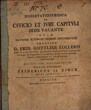 Disp. ... de officio et iure capituli sede vacante