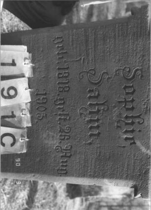 Grabstein 191 (Index: 99608876) Material: Sandstein Zustand: stärker verwittert Maße HxBxT: 116x56x19 cm Beschreibung: Stele, profilierter Sockel, eingezogener Rundbogenabschluß mit floralem Aufsatz, Schriftfeld eingetieft mit floralem Aufsatz, Schriftfeld eingetieft mit eingezogenem Rundbogenabschluß: Grabstein 191C