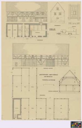 Greifendorf ([Amtshauptmannschaft Döbeln]):Böhnisch. - Pferde- und Schweinestall (Seiten-Ansicht, Giebel-Ansicht, Grundriss des Erdgeschosses). - Fenster [am Pferde- und Schweinestall] (Ansicht, Grundriss, Detail-Schnitt). - Scheune (Seiten-Ansicht, Grundriss, Querschnitt)