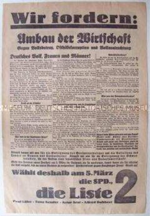 Sonderdruck der SPD zur Reichstagswahl 1933 über Wirtschaftsfragen