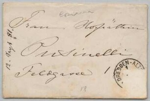 Kuvert zum Brief von Cosima Wagner (1837-1930) an Bertha Pusinelli (1821-1887) in Dresden, Bayreuth 12.08.1881. Autograph; 7,8 x 11,9 cm. Dresden: Mscr.Dresd.App.2725,21