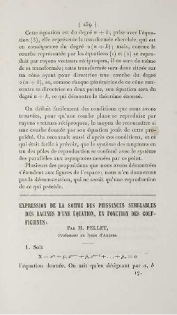 Expression de la somme des puissances semblables des racines d'une équation, en fonction des coefficients.