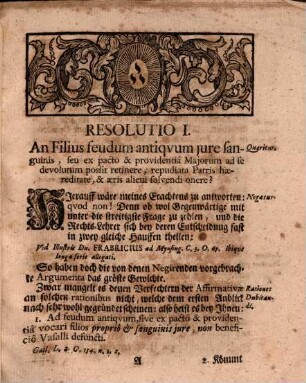 Resolutionum juridicarum decas, Sistens enodationem quaestionum sequentium: 1. An filius feudum antiquum