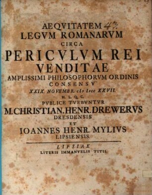 Aeqvitatem Legvm Romanarvm Circa Pericvlvm Rei Venditae