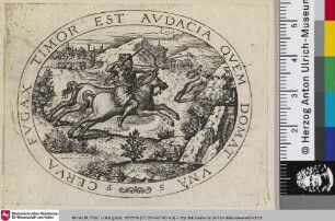 [Herkules auf einem Doppelkörperpferd jagt die kerynitische Hirschkuh; Hercule sur un cheval à double corps chasse la biche aux pieds d'airain]