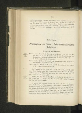 XIX. Capitel. Präsumption des Todes. Lebensversicherungen. Selbstmord.
