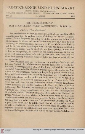 Neue Folge 33 = Jahrgang 57: Die Neuverteilung der staatlichen Kunstsammlungen in Berlin