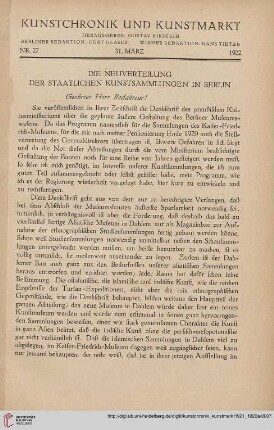 Neue Folge 33 = Jahrgang 57: Die Neuverteilung der staatlichen Kunstsammlungen in Berlin