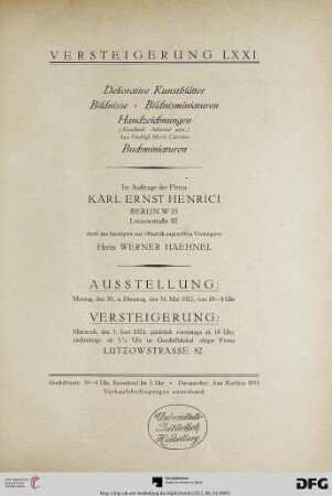 Dekorative Kunstblätter, Bildnisse, Bildnisminiaturen, Handzeichnungen (Kaulbach, Schwind usw.), aus Nachlaß Moriz Carriere Buchminiaturen : Versteigerung: 1. Juni 1921 (Katalog Nr. 71)