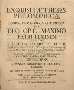 Exquisitae theses philosophicae ex logica, ontologia, & arithmetica