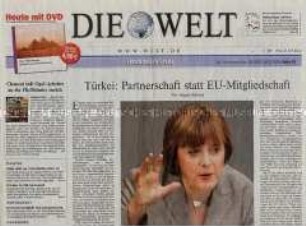 Tageszeitung "Die Welt" mit dem Wortlaut einer Erklärung von Angela Merkel zum geplanten EU-Beitritt der Türkei