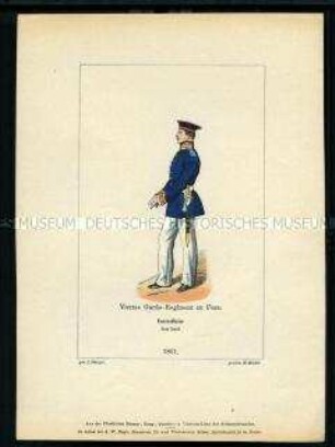 Uniformdarstellung, Unteroffizier des 4. Garde-Regiments beim Appell, Preußen, 1861. Aus: Der Soldatenfreund.