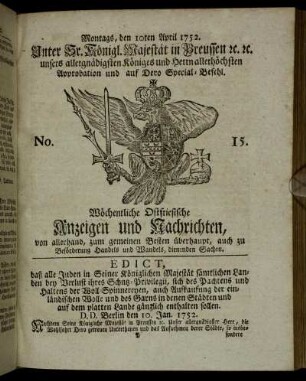 No. 15. Montags, den 10ten April 1752.