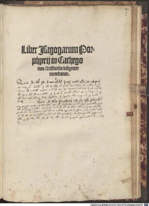 Liber Isagogarum Porphyrij in Cathegorias Aristotelis diligenter emendatus