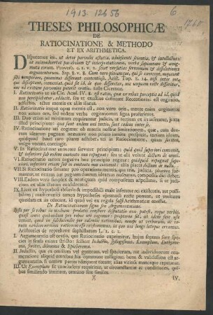 Theses Philosophicæ De Ratiocinatione & Methodo Et Ex Arithmetica