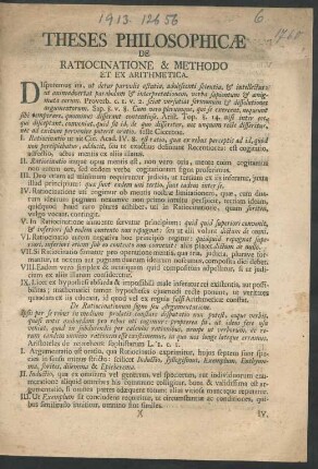 Theses Philosophicæ De Ratiocinatione & Methodo Et Ex Arithmetica