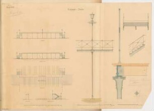 Fußgängerbrücke Monatskonkurrenz August 1868: Grundriss, Aufriss Längsseite, Schmalseite, Längsschnitt, Querschnitt, einige Details; 3 Maßstabsleisten