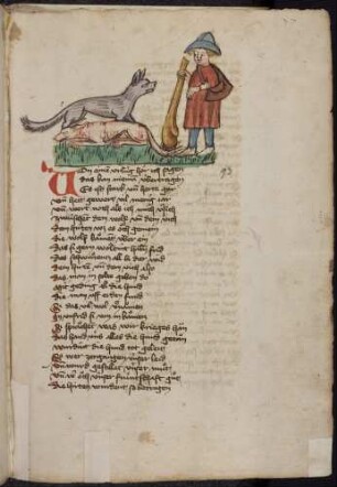 Hirte mit Keule vor totem Hund und Wolf; (Von den Wölfen, dem Hirten und den Hunden, Kapitel XCIII nach Pfeiffer)
