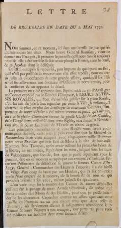 Lettre De Bruxelles En Date Du 1. Mai 1792.