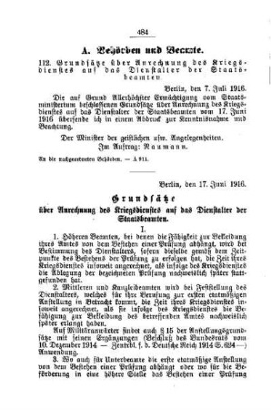 Grundsätze über Anrechnung des Kriegsdienstes auf das Dienstalter der Staatsbeamten : [A. Behörden und Beamte]