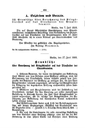 Grundsätze über Anrechnung des Kriegsdienstes auf das Dienstalter der Staatsbeamten : [A. Behörden und Beamte]