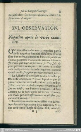 XVI. Observation. Negation aprés le verbe craindre