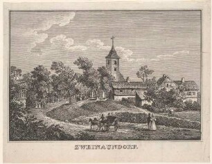 Ortsansicht von Zweinaundorf (Leipzig-Zweinaundorf) südöstlich von Leipzig mit der Kirche und Staffage, Ausschnitt aus dem Bilderbogen "Erinnerungen an Leipzig" 1838 bei Polet