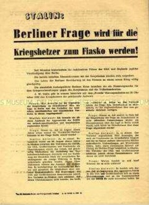 Propagandaflugblatt der SED zu einem Interview Stalins mit der "Prawda" über die Berlin-Frage