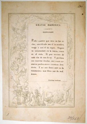 Flachdruck: Buchseite mit spanischem Text und Randzeichnungen nach Albrecht Dürer