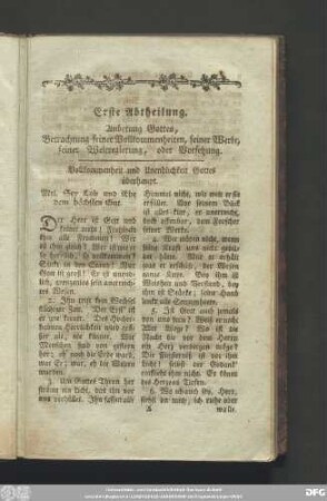 Erste Abtheilung. Anbetung Gottes, Betrachtung seiner Vollkommenheiten, seiner Werke, seiner Weltregierung, oder Vorsehung.