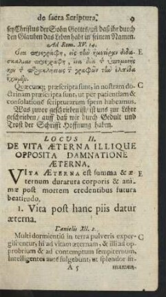 Locus II. De Vita Aeterna Illique Opposita Damnatione Aeterna.