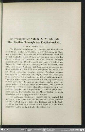 Ein verschollener Aufsatz A. W. Schlegels über Goethes 'Triumph der Empfindsamkeit'
