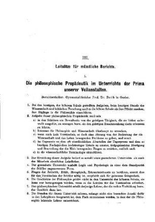 Die philosophische Propädeutik im Unterrichte der Prima unserer Vollanstalten