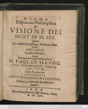 Disputatio Philosophica De Visione Dei Sicut in Se Est
