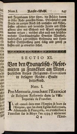247-252, Sectio XI. Von den Evangelisch-Reformirten zu Franckfurt am Mayn...