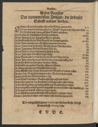 Ander Register Der vornehmbsten Fragen/ die in dieser Schrifft erörtert werden.