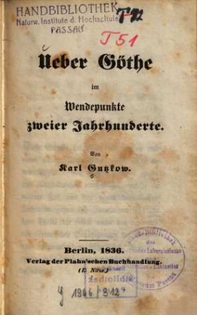 Ueber Göthe im Wendepunkte zweier Jahrhunderte