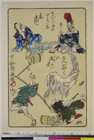 Sprichwort: Der rote Lieblingshut des Hausherren und Der Geist des Konnyaku, aus der Serie: Einhundert Bilder von Kyōsai