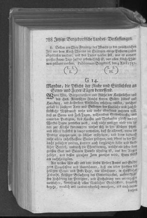 G 14. Mandat, die Pflicht der Ruhe und Sittlichkeit an Sonn= und Feyer=Tagen betreffend.