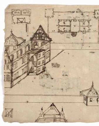 Fahre, Entwürfe für ein Lustschloss, perspektivische Ansicht und Grundrisse