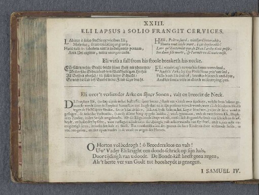 XXIII. Eli lapsus à solio frangit cervices. Eli with a fall from his stoole breaketh his necke. Eli over 't verlies der Arke en sijner Sonen, valt en breeckt de Neck.
